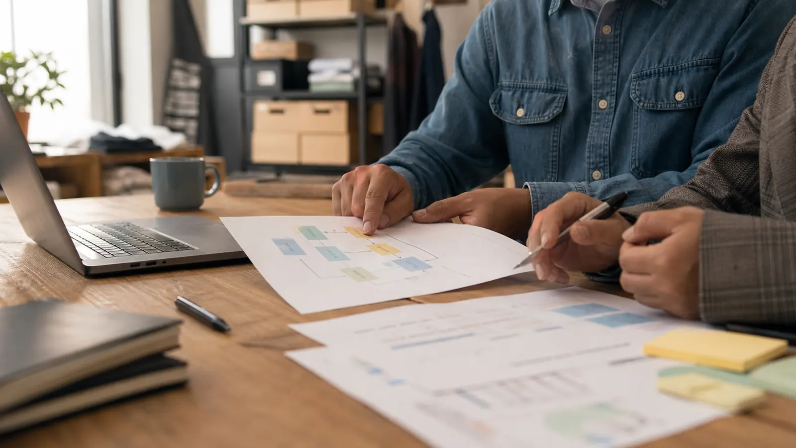 Business owner and consultant reviewing a printed workflow beside a laptop