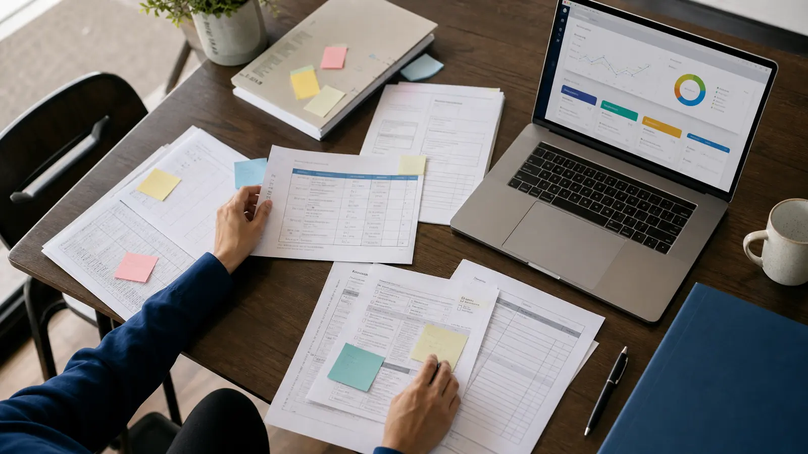 Paper forms and spreadsheet records being organised beside a digital dashboard