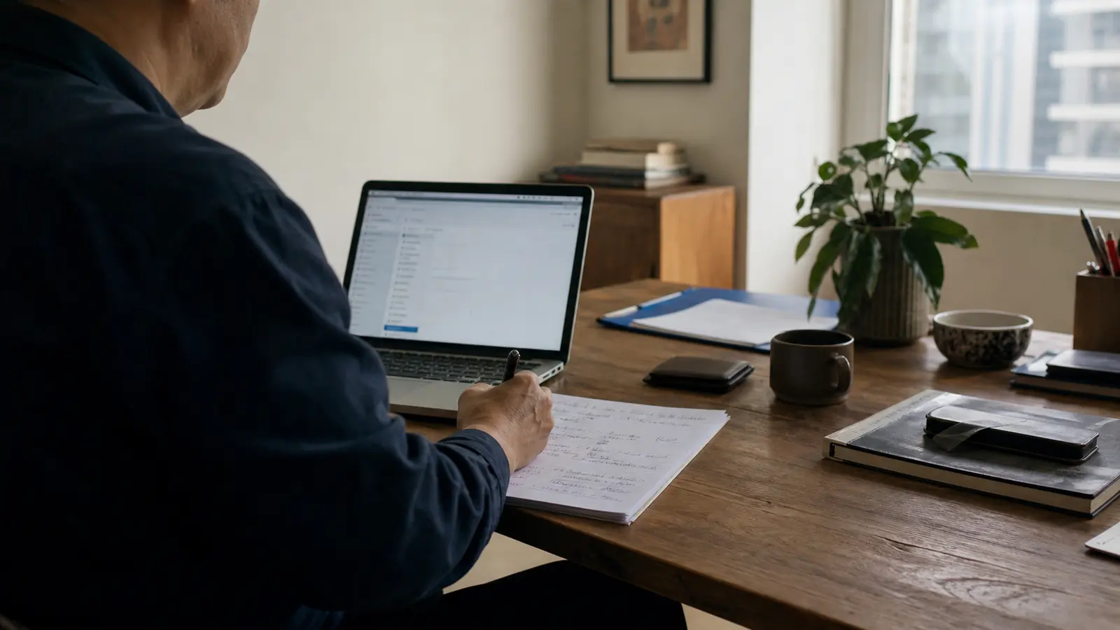 Independent IT consultant reviewing project notes beside a laptop