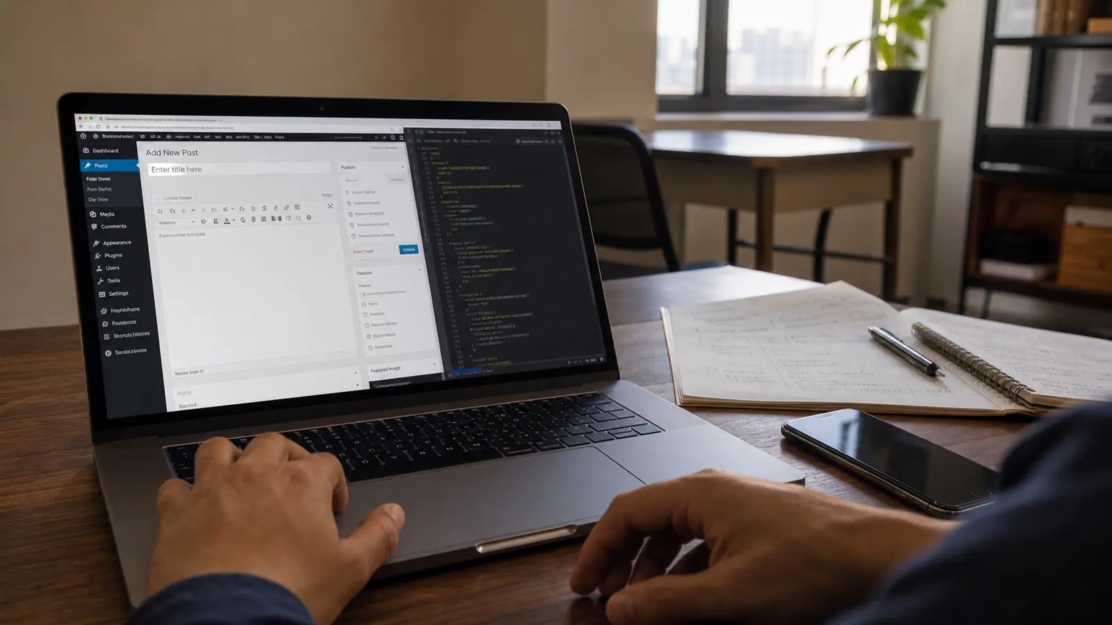 Laptop showing WordPress editing and plugin development beside handwritten notes