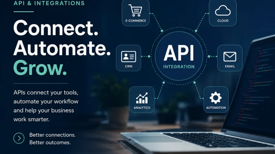 Business owner reviewing connected website and business systems
